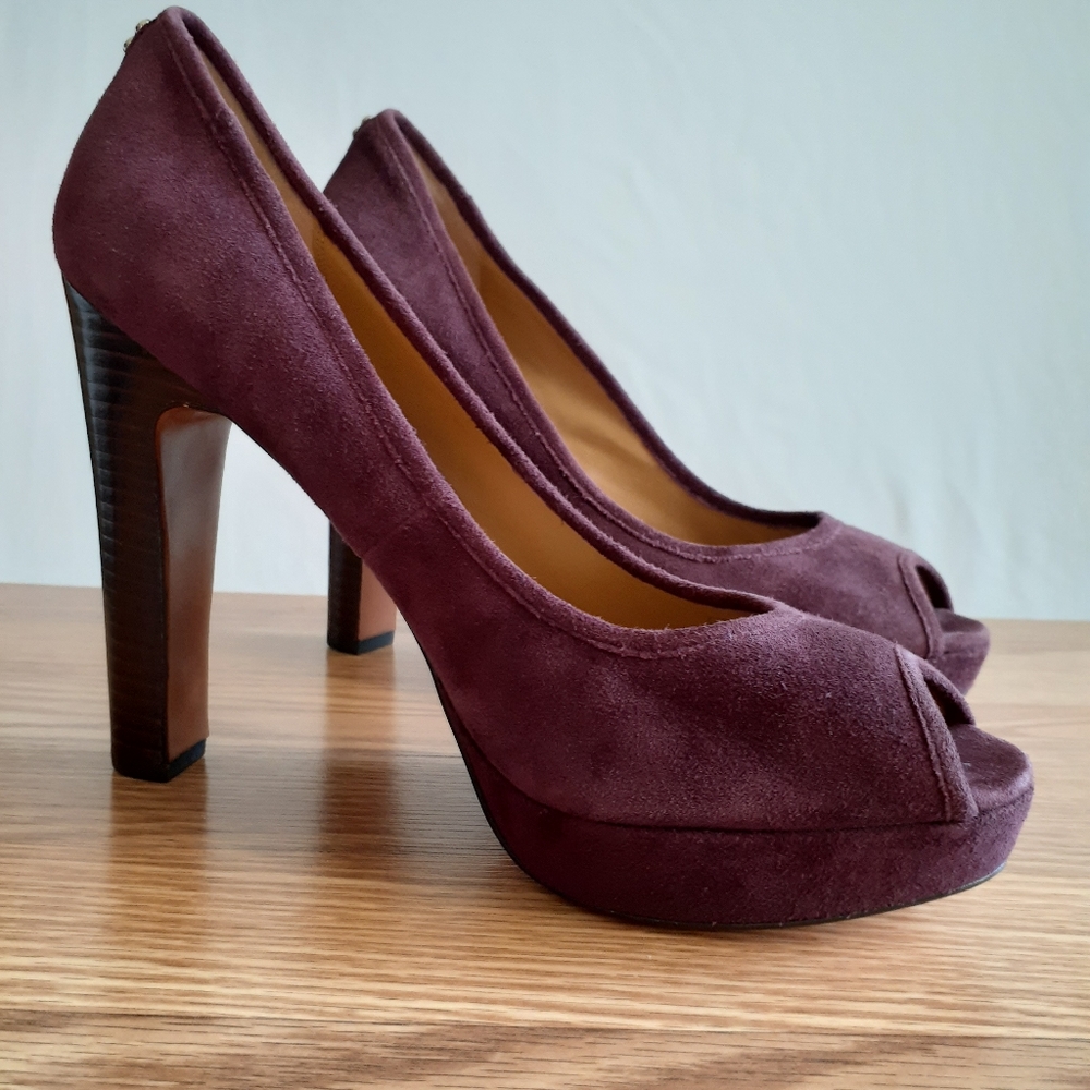 COACH size 10 BREANA Suede Peep toe Platform Pumps